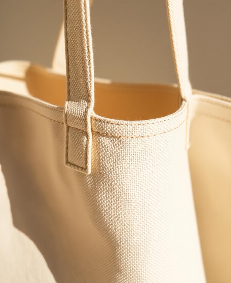 Close-up of the stitched handle on a beige cotton canvas tote